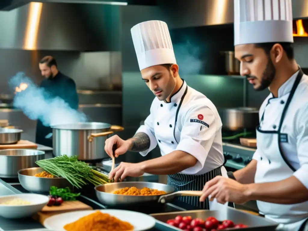 Platos italianos reinventados por chefs jóvenes en una cocina bulliciosa, con ingredientes frescos y técnicas innovadoras