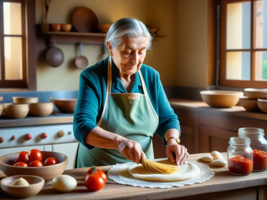 Platos italianos tradicionales: Nonna italiana amasando pasta casera en cocina rústica con utensilios vintage y tomates en conserva