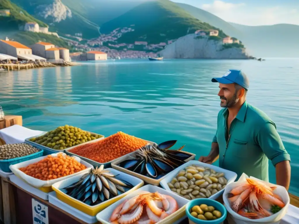 Platos marinos tradicionales en bullicioso mercado costero de la costa adriática