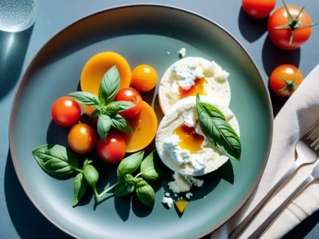 Dos platos con ricotta fresca y ricotta salata, resaltando las diferencias entre ricotta fresca con hierbas y ricotta salata con tomate y albahaca