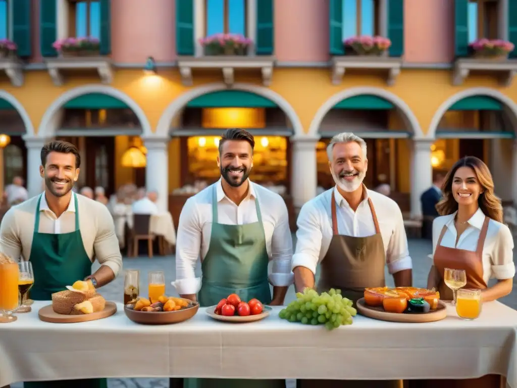 Una plaza animada en el norte de Italia al atardecer, con locales disfrutando del aperitivo tradicional en encantadores cafés