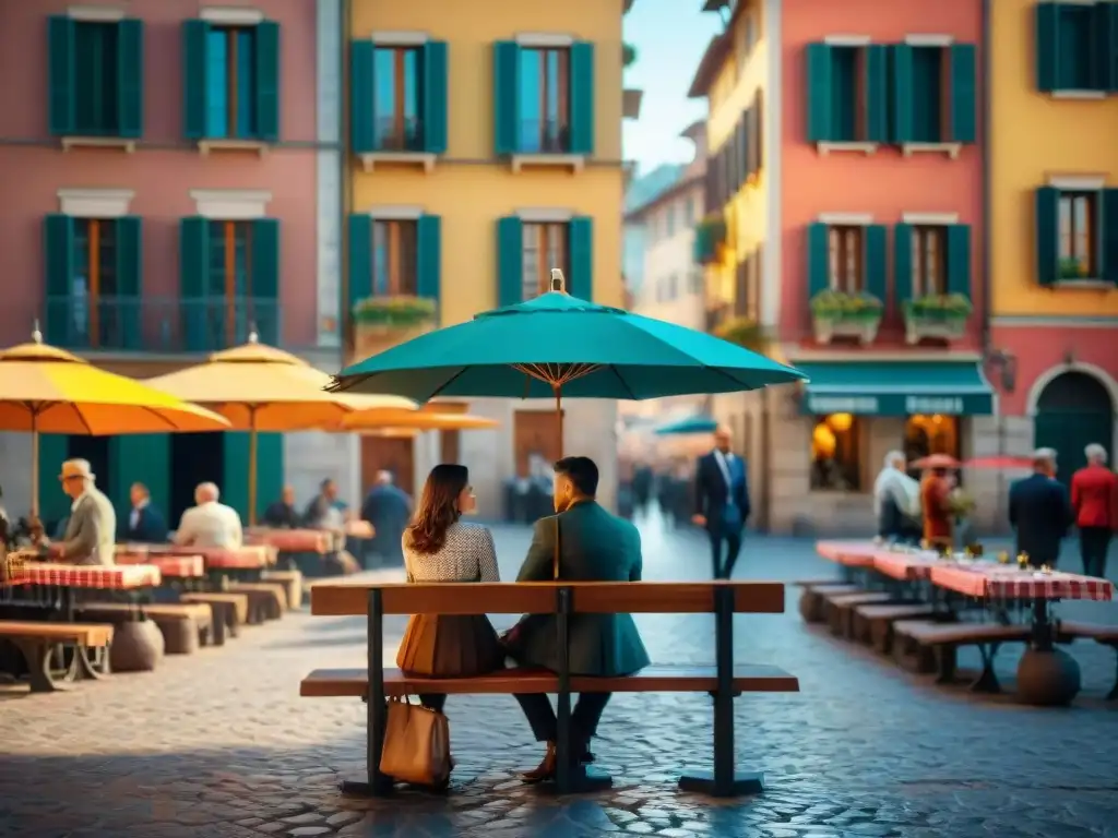 Plaza italiana animada en una soleada mañana, con locales y turistas disfrutando de café espresso tradicional en cafés al aire libre