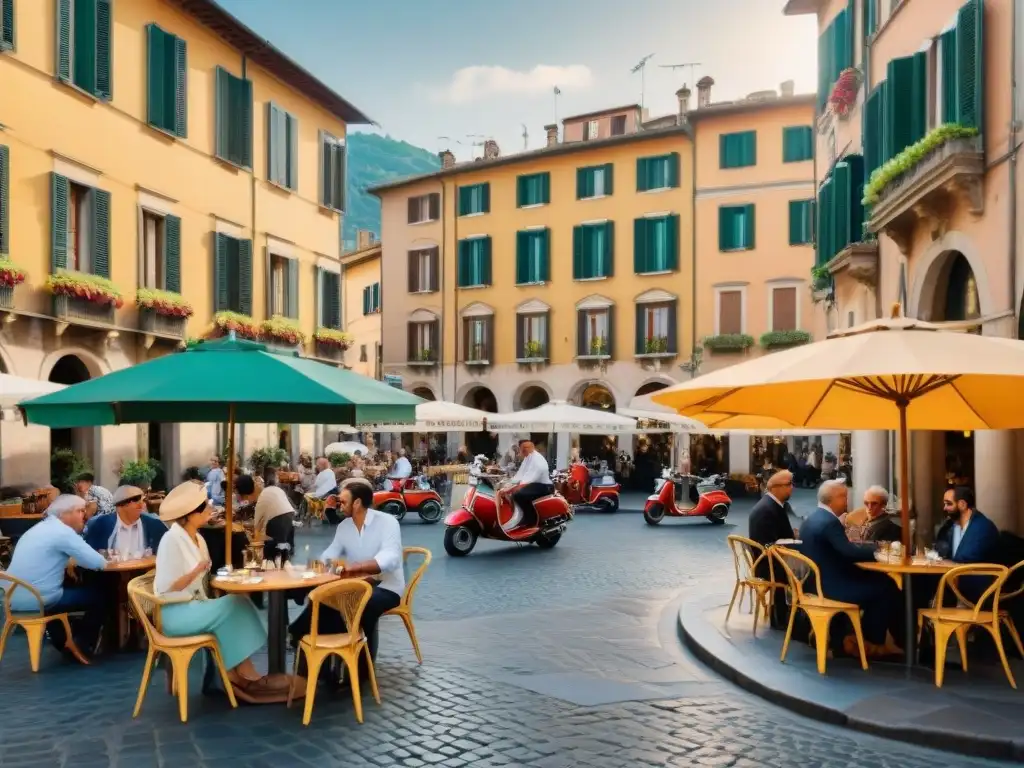 Plaza italiana bulliciosa con locales y turistas disfrutando de café en mesitas al aire libre