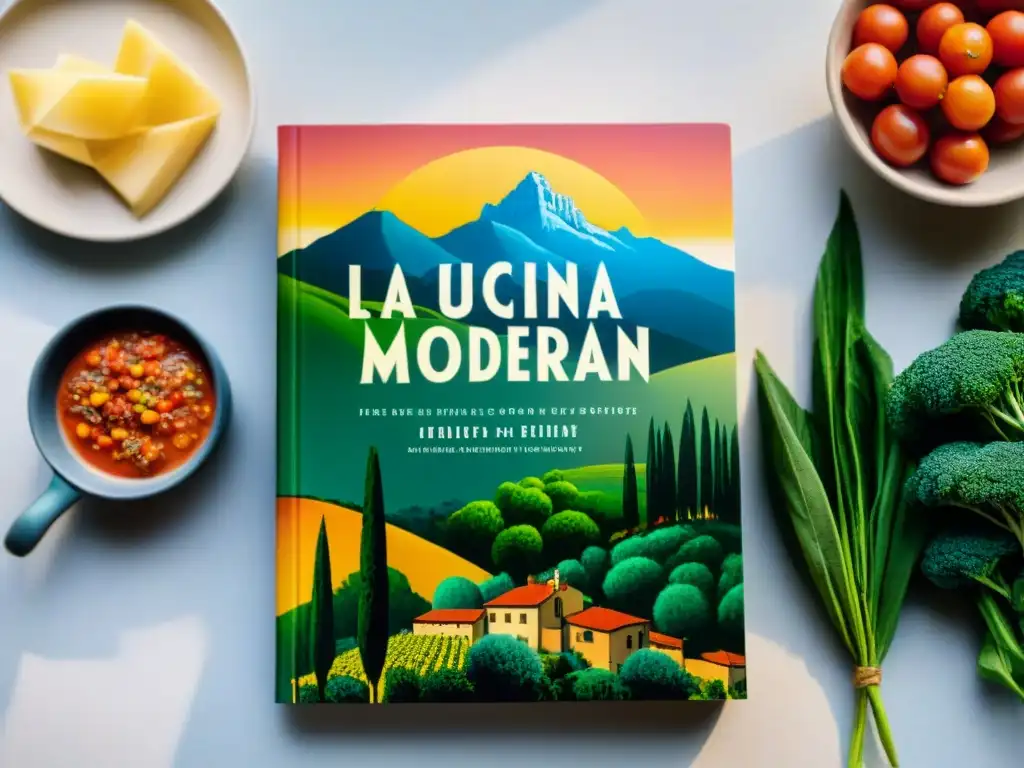 Portada de libro de cocina italiana moderna con ilustraciones vibrantes de platos tradicionales, ambientado en colinas toscanas al atardecer