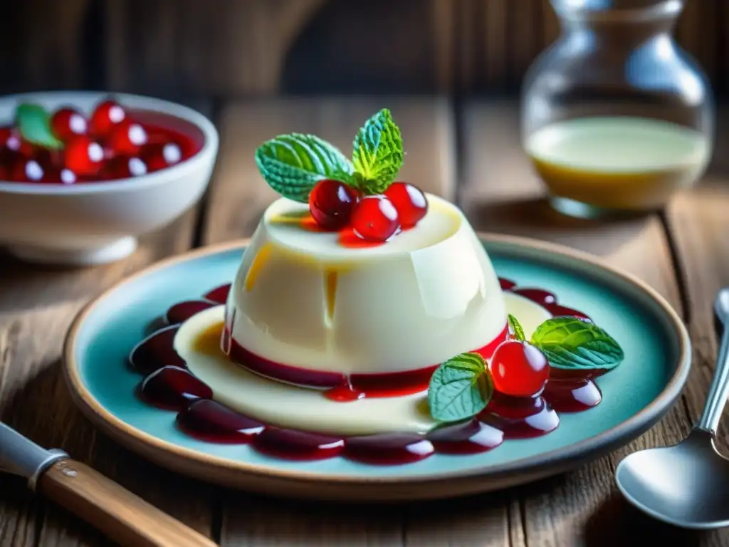 Un postre de Panna Cotta con coulis de bayas rojas y menta fresca, en una elegante presentación