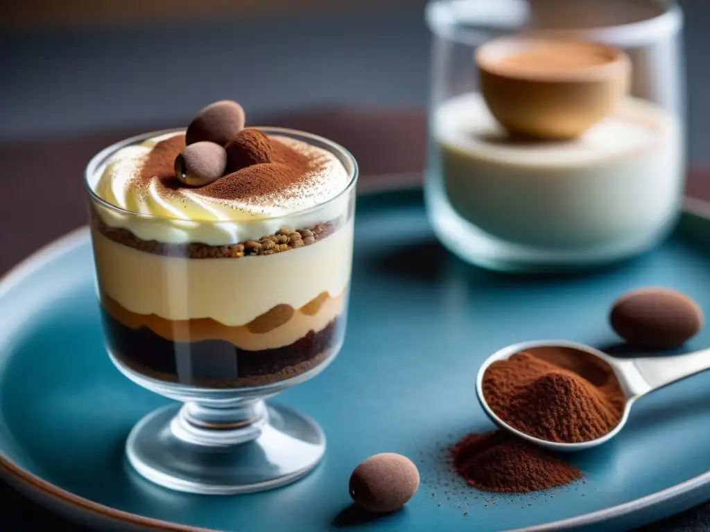 Postre italiano mini tendencia: Detalle de un exquisito tiramisú en copa, con capas de bizcochos empapados en café, mascarpone y cacao