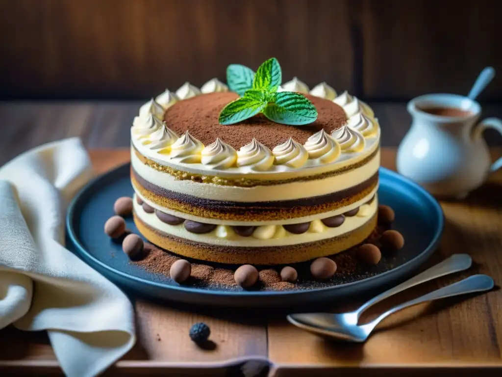 Postre italiano: Tiramisú decorado, con capas de bizcochos de café y mascarpone, rodeado de granos de café y hojas de menta fresca en una mesa rústica