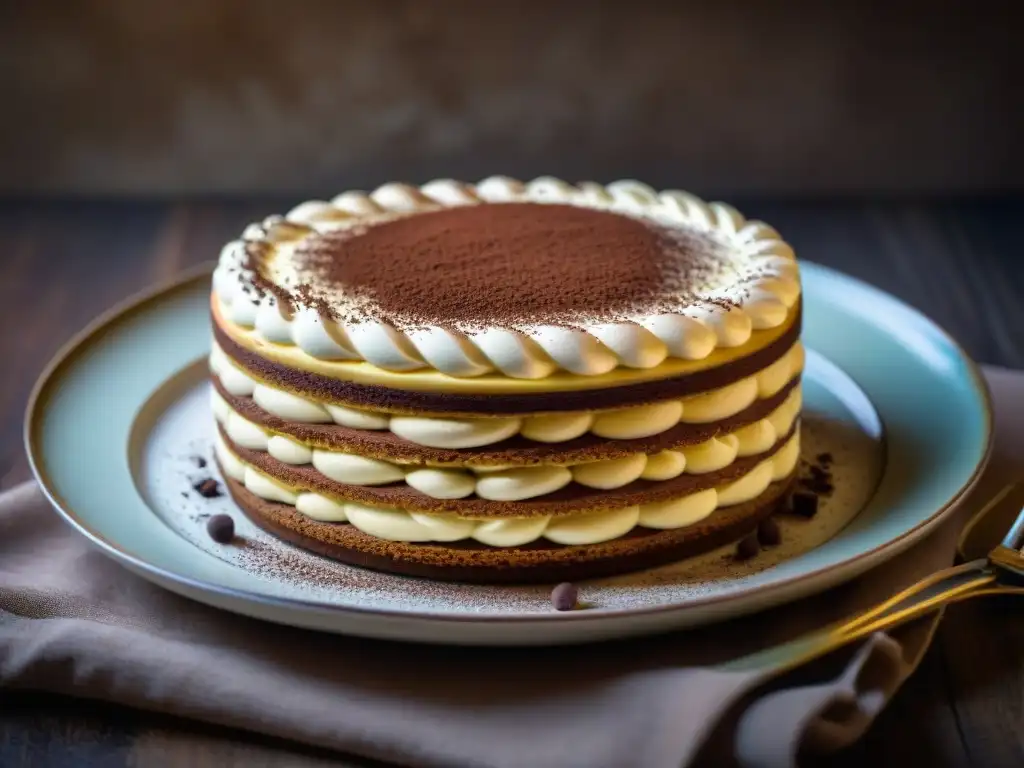 Delicioso Tiramisú: Detalle de Capas Exquisitas Postre italiano tradicional delicioso: Tiramisú con capas de bizcochos de soletilla, crema de mascarpone y cacao en polvo