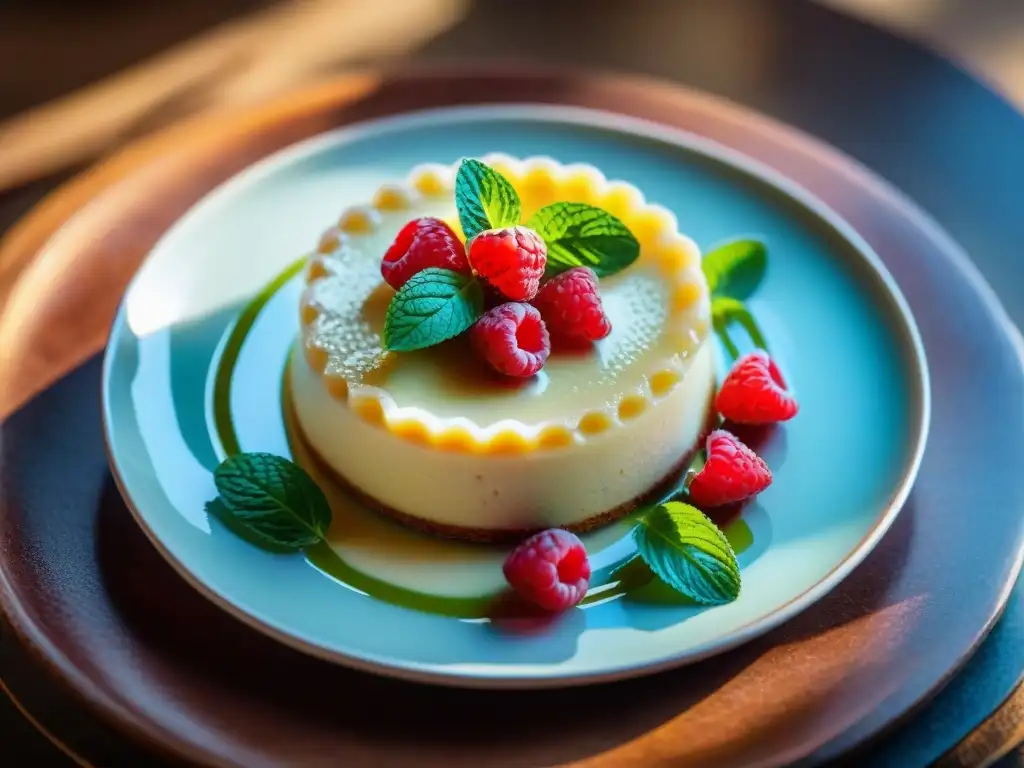 Postre italiano Biancomangiare receta tradicional: Detalle exquisito con frambuesas y menta sobre crema de almendra