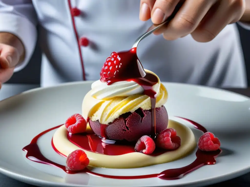 Transformación de postres: chef experto adorna un helado de gelato con arte y elegancia, creando una obra maestra culinaria