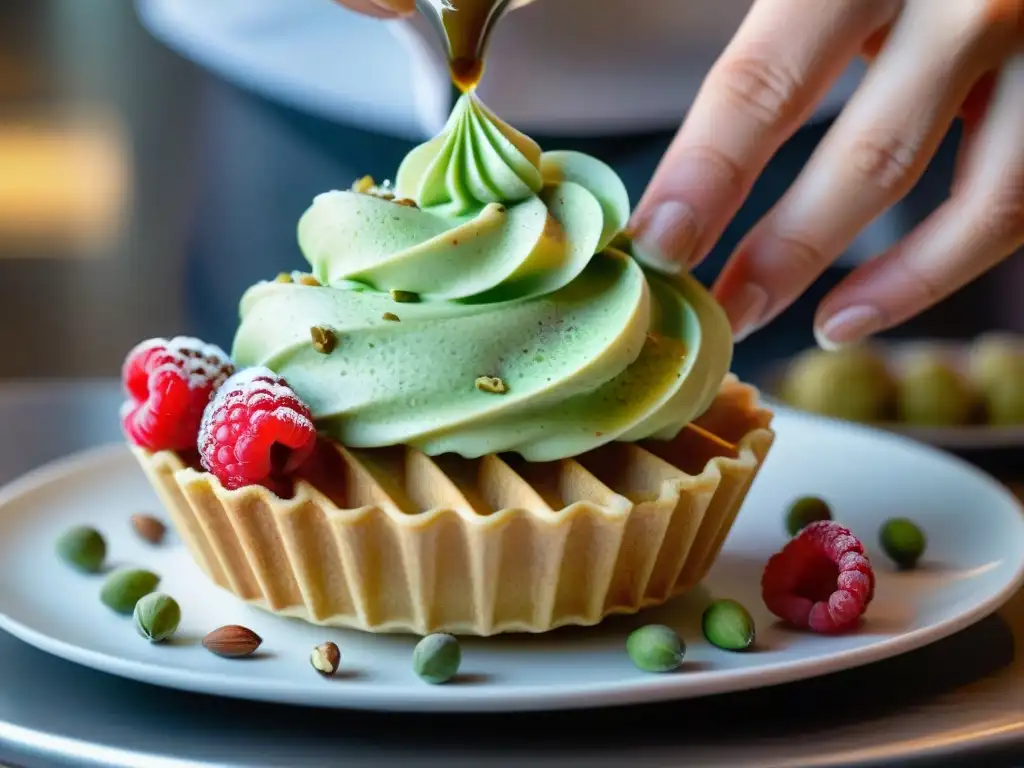 Transformación de postres: chef crea obra de arte con gelato de pistacho en cono de waffle