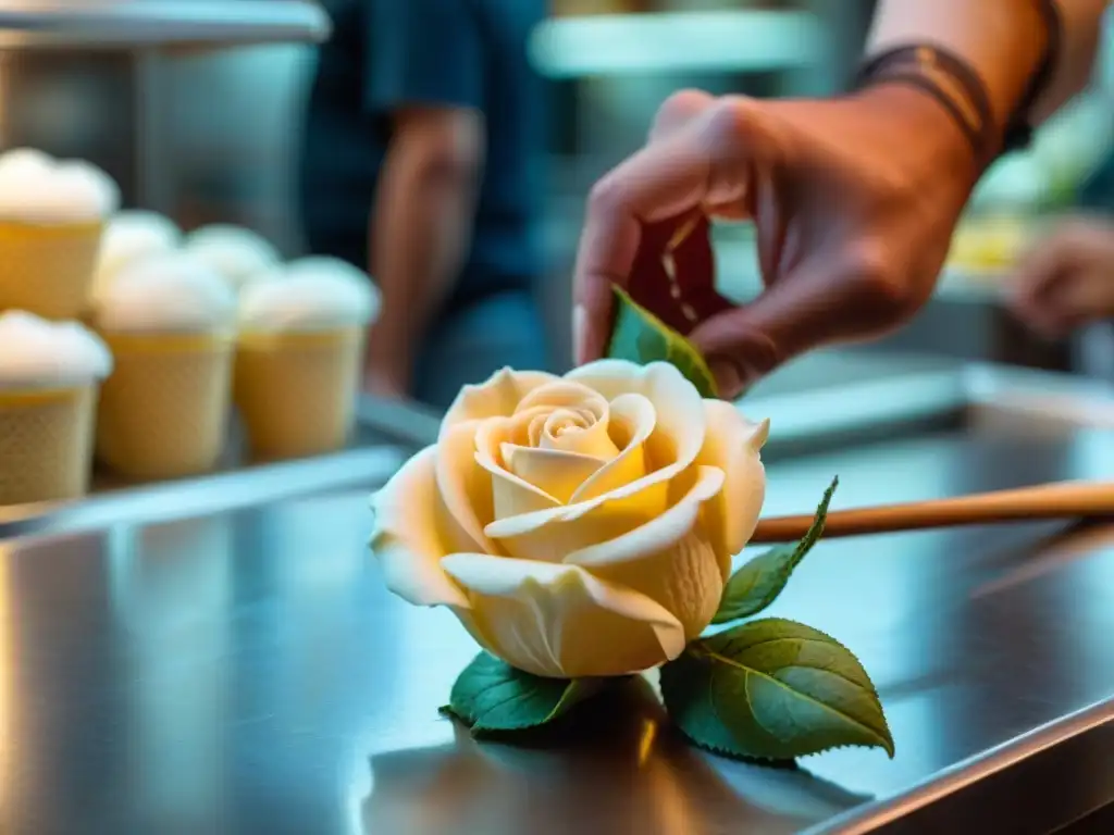 Transformación de postres en gelato: un artista esculpe una rosa delicada con detalles intrincados, obra de arte comestible