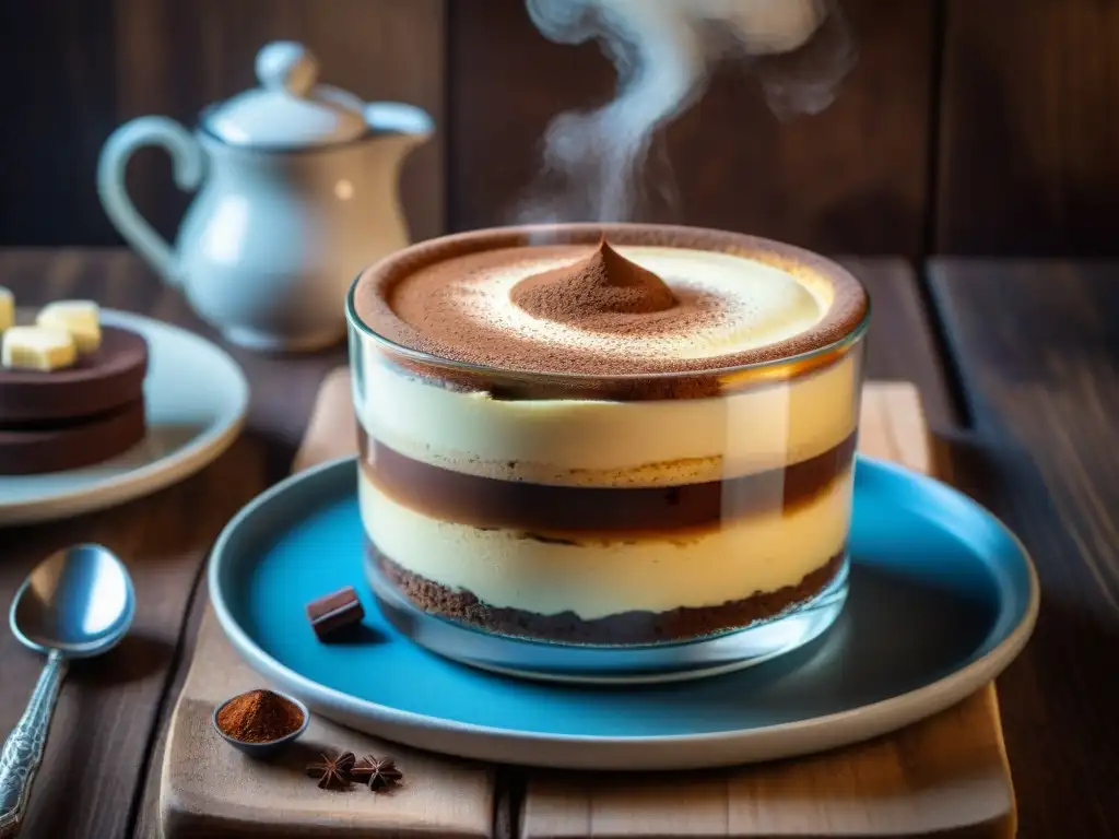 Postres italianos elegantes y deliciosos: Tiramisú tradicional con capas de mascarpone y bizcochos de café, espolvoreado con cacao