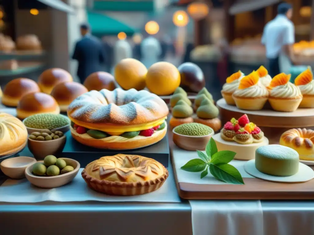 Deléitate con postres italianos con ingredientes exóticos en una pastelería tradicional en una bulliciosa plaza de mercado