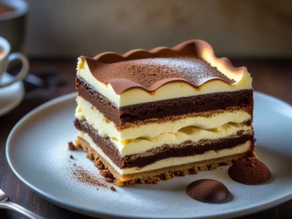 Postres italianos tendencias y recomendaciones: Detalle fascinante de un tiramisú tradicional italiano con cacao espolvoreado