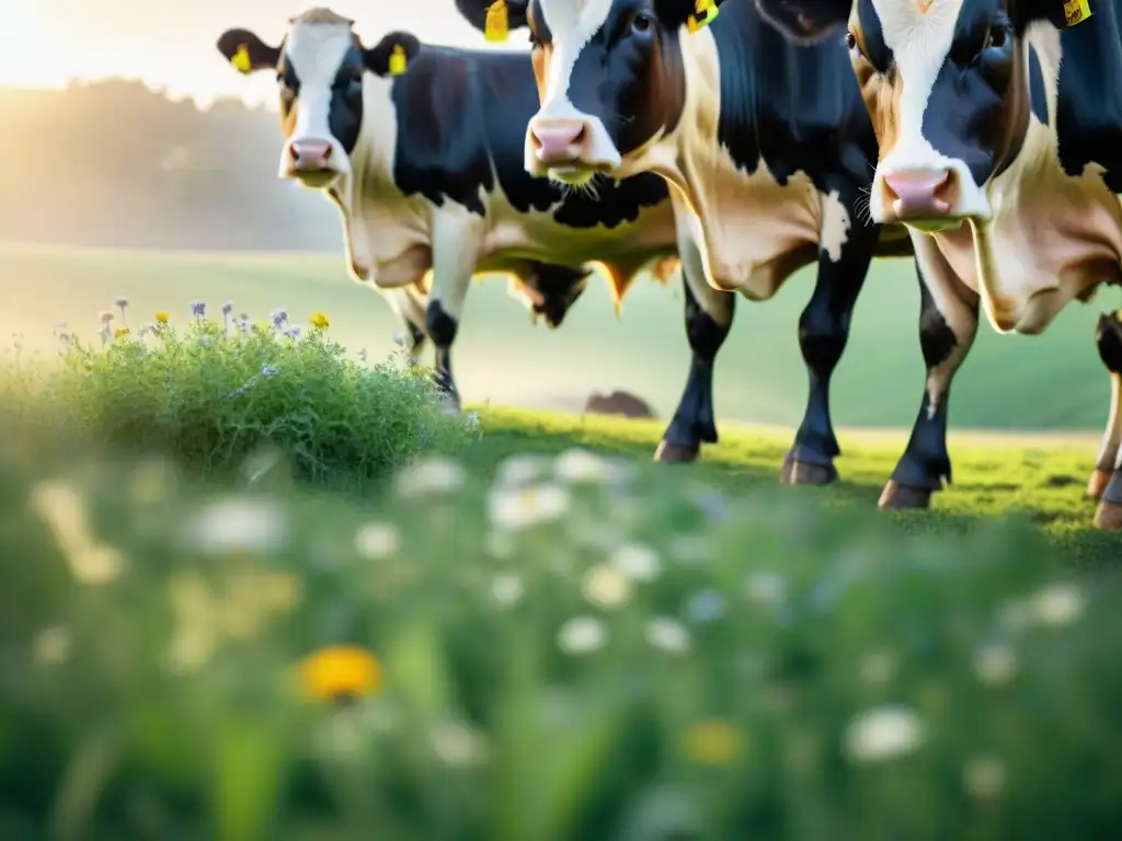 Un prado verde exuberante donde felices vacas pastan bajo el cálido sol, nutriéndose para el sabor del queso Parmigiano