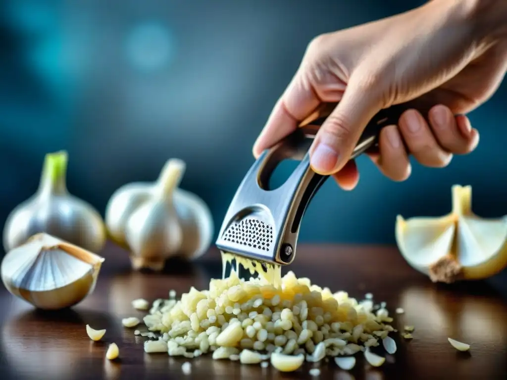 Prensa de ajo italiana personalizada aplastando ajos con elegancia y eficiencia en la cocina