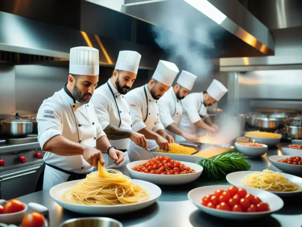 Preparación de chefs en una bulliciosa cocina italiana, mostrando trabajo en equipo y pasión culinaria