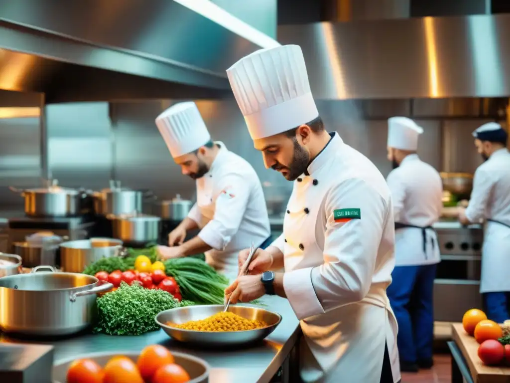 Preparación de chefs para congreso culinario en cocina italiana vibrante