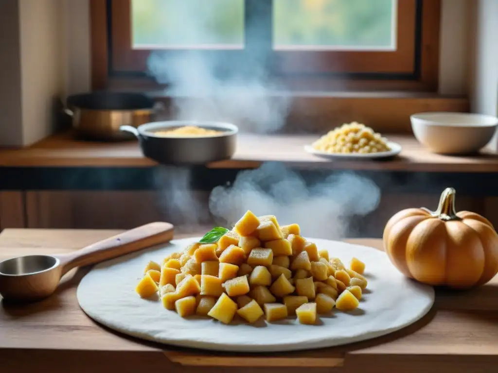 Preparación detallada de gnocchi de calabaza receta fácil en mesa rústica