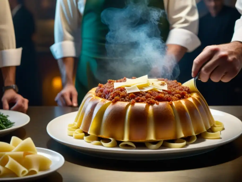 Preparación detallada del timpano en 'Big Night', reflejando el arte culinario y cultural del cine italiano gastronomía tradicional