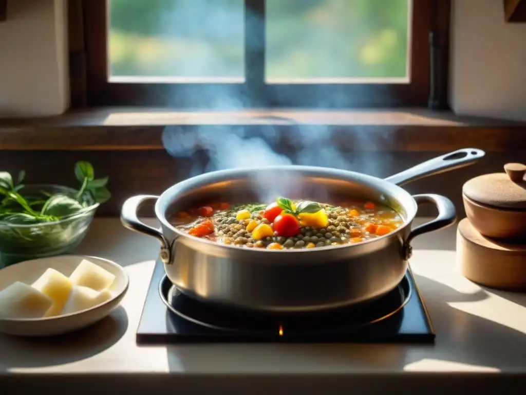 Preparación de una evocadora sopa de lentejas italiana en cocina rústica, resaltando la tradición y autenticidad