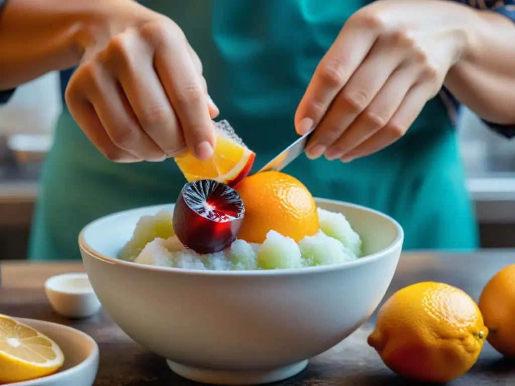 Preparación de granita tradicional en Sicilia: artesano mezclando hielo con frutas frescas en gelatería rústica