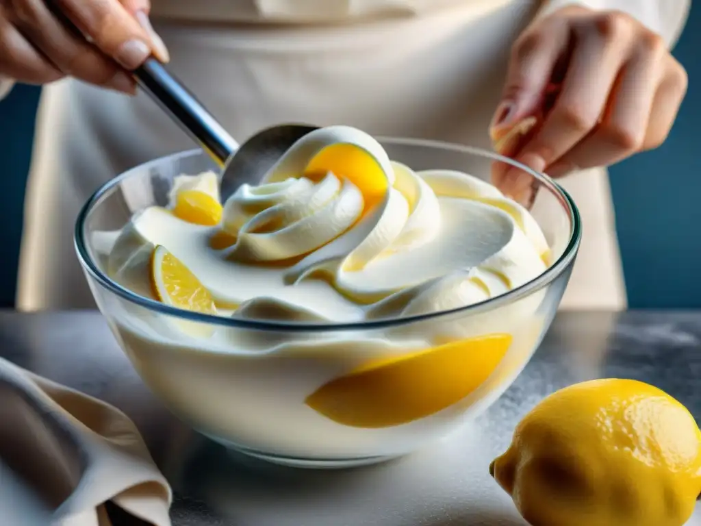 Preparación de Mascarpone casero receta fácil: mezcla de crema y jugo de limón en un tazón de vidrio, destacando la textura cremosa