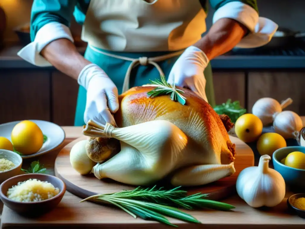 Preparación minuciosa de un capón relleno italiano en cocina rústica