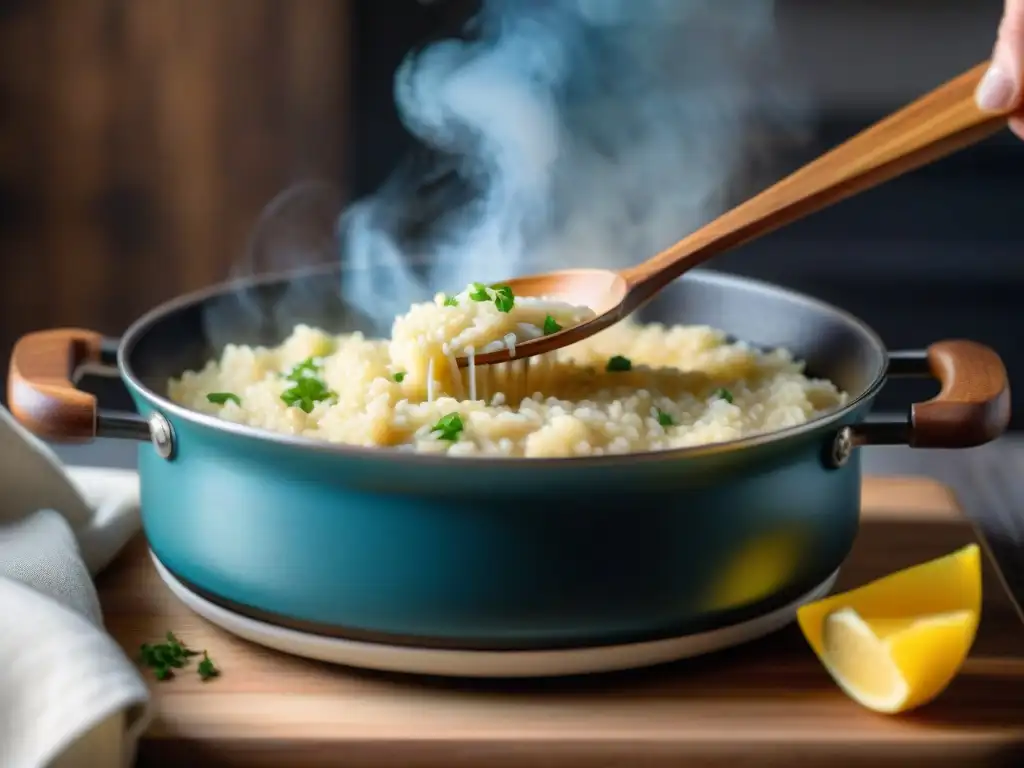 Preparación del risotto paso a paso: Risotto cremoso siendo revuelto en una olla humeante en una cocina acogedora