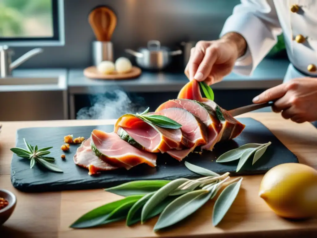 Preparación de receta auténtica Saltimbocca alla Romana por chef experto