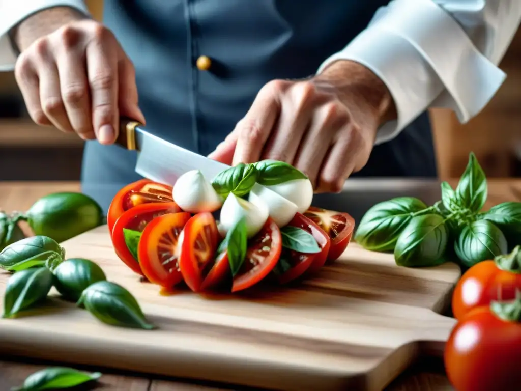 Preparación de receta auténtica ensalada caprese con tomate, mozzarella y albahaca