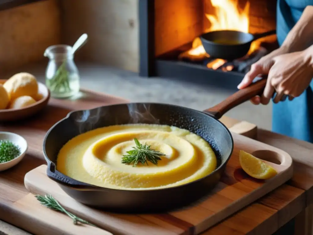 Preparación de receta polenta al horno de leña con amor y tradición en cocina acogedora