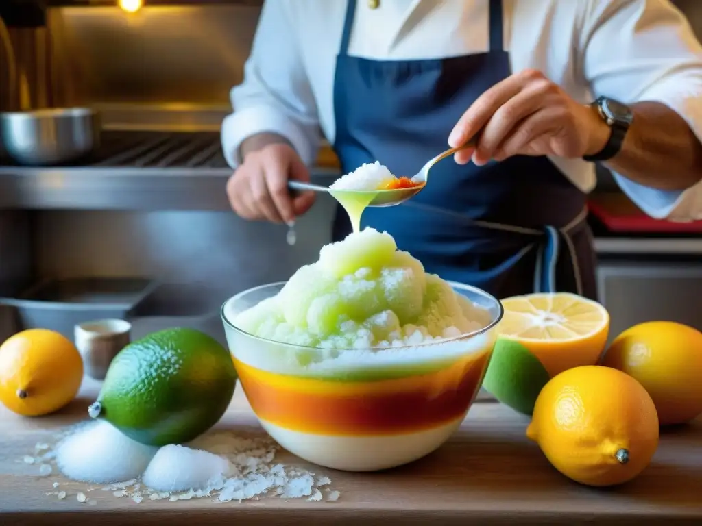 Preparación de receta tradicional granita siciliana en cocina rústica