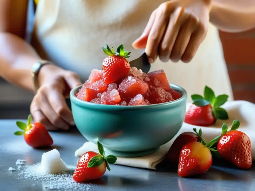 Preparación de receta tradicional granita siciliana: mano raspa granita de fresa sobre bloque de hielo en cocina rústica italiana