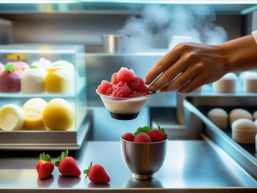 Preparación de receta tradicional granita siciliana en una heladería