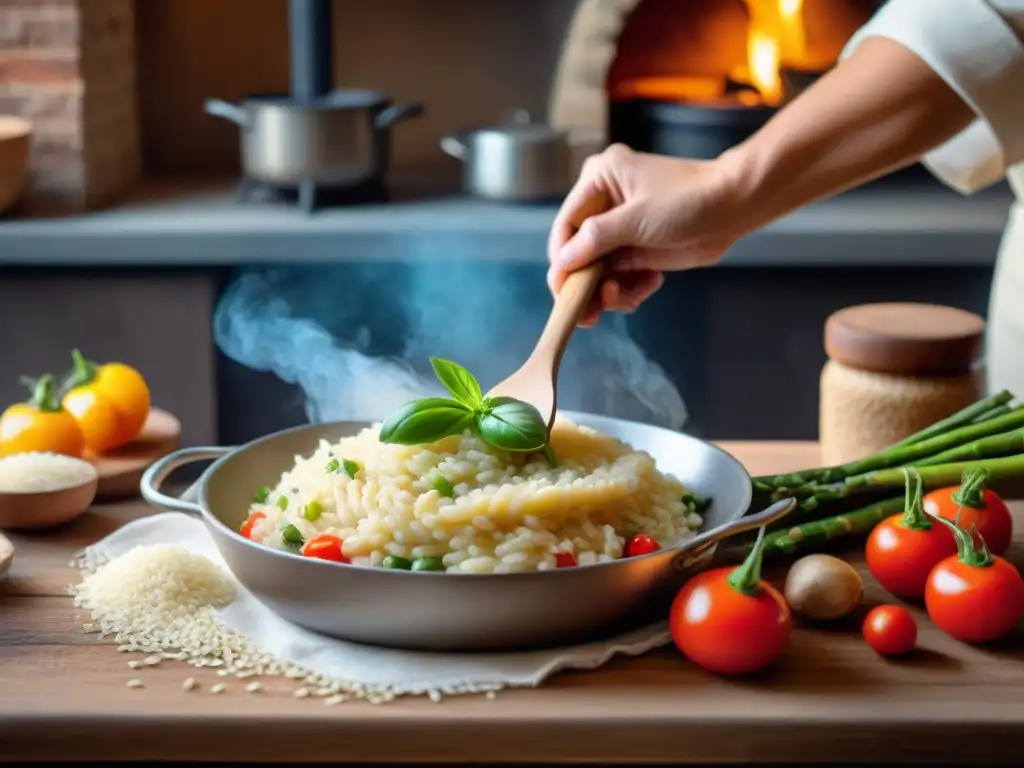 Preparación de Risottos al Horno de Leña en una cocina acogedora con ingredientes frescos y un horno tradicional de leña al fondo