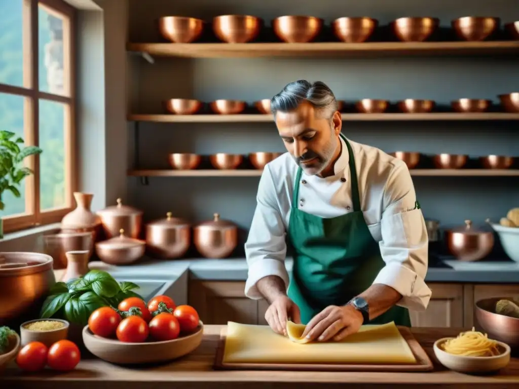 Un prestigioso chef italiano usando utensilios de cocina italianos en una cocina toscana rústica