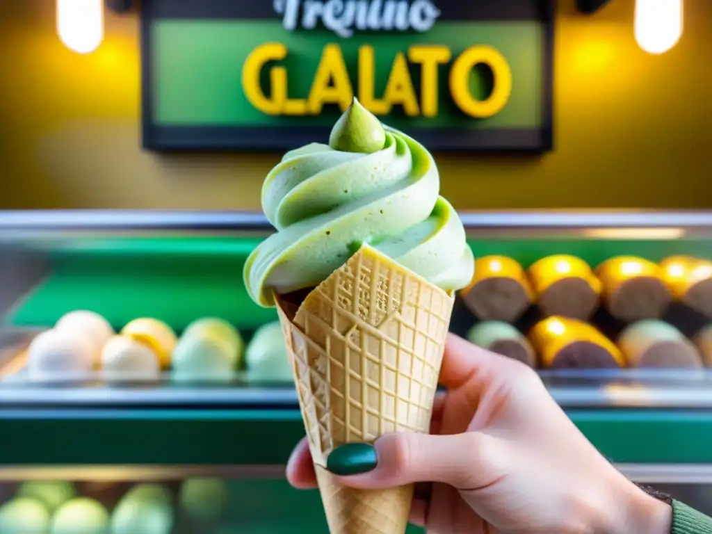 Degustación privada gelato italiano: Exquisito pistacho cremoso en cucurucho dorado en gelateria tradicional italiana