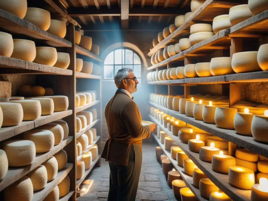 Cava de quesos italiana: tradición y maestría en cada rueda Degustación privada de quesos italianos en una bodega antigua iluminada por velas, con ruedas de Parmigiano Reggiano y Pecorino Romano envejeciendo en estantes de madera