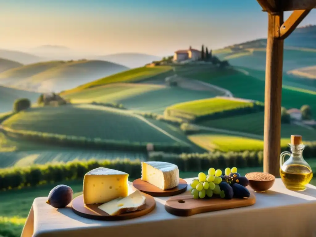 Experiencia gourmet: Degustación de quesos en granja italiana Degustación privada de quesos italianos en una granja rústica rodeada de colinas verdes y ovejas pastando al atardecer
