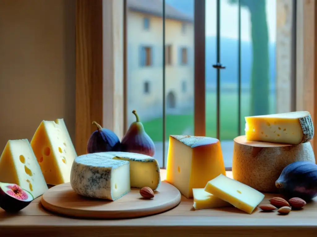 Degustación de Quesos Italianos Artesanales Degustación privada de quesos italianos en mesa rústica con pan, higos y miel bajo luz natural