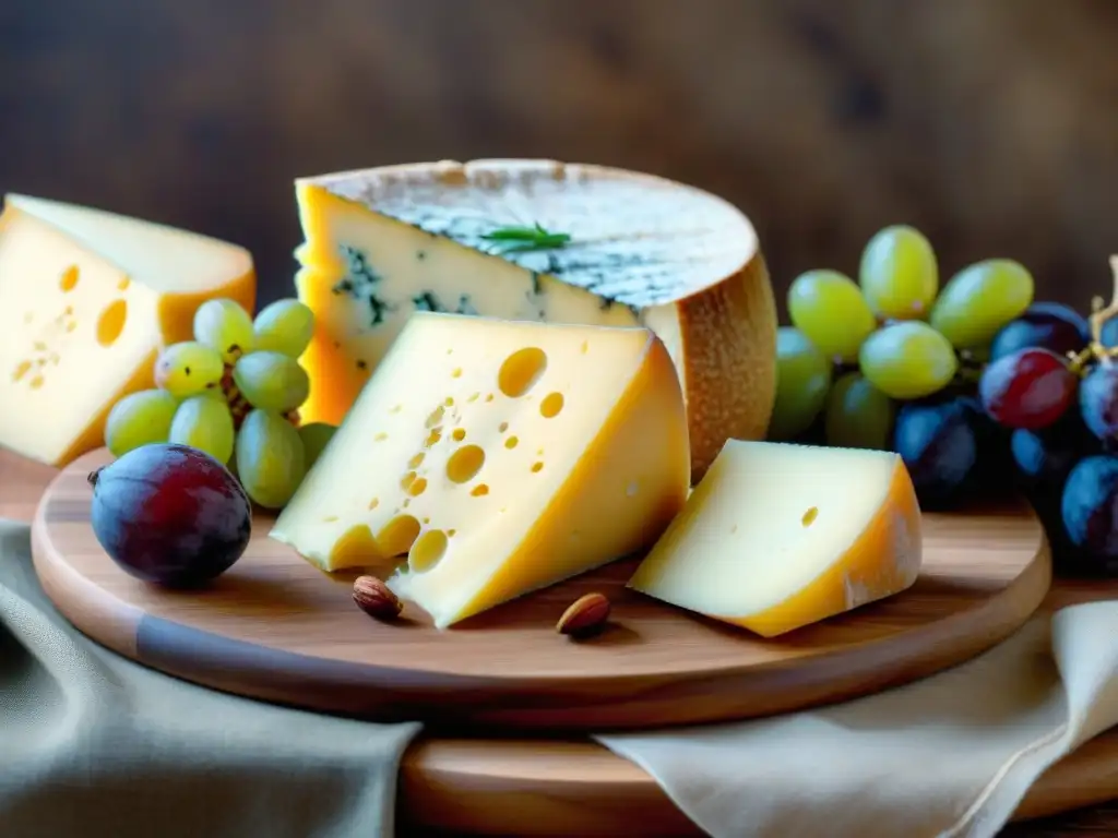 Exquisita tabla de quesos italianos: degusta lujo y tradición Degustación privada de quesos italianos en tabla rústica con Parmigiano Reggiano, Pecorino Romano, Gorgonzola y Taleggio, acompañados de uvas, higos y pan artesanal