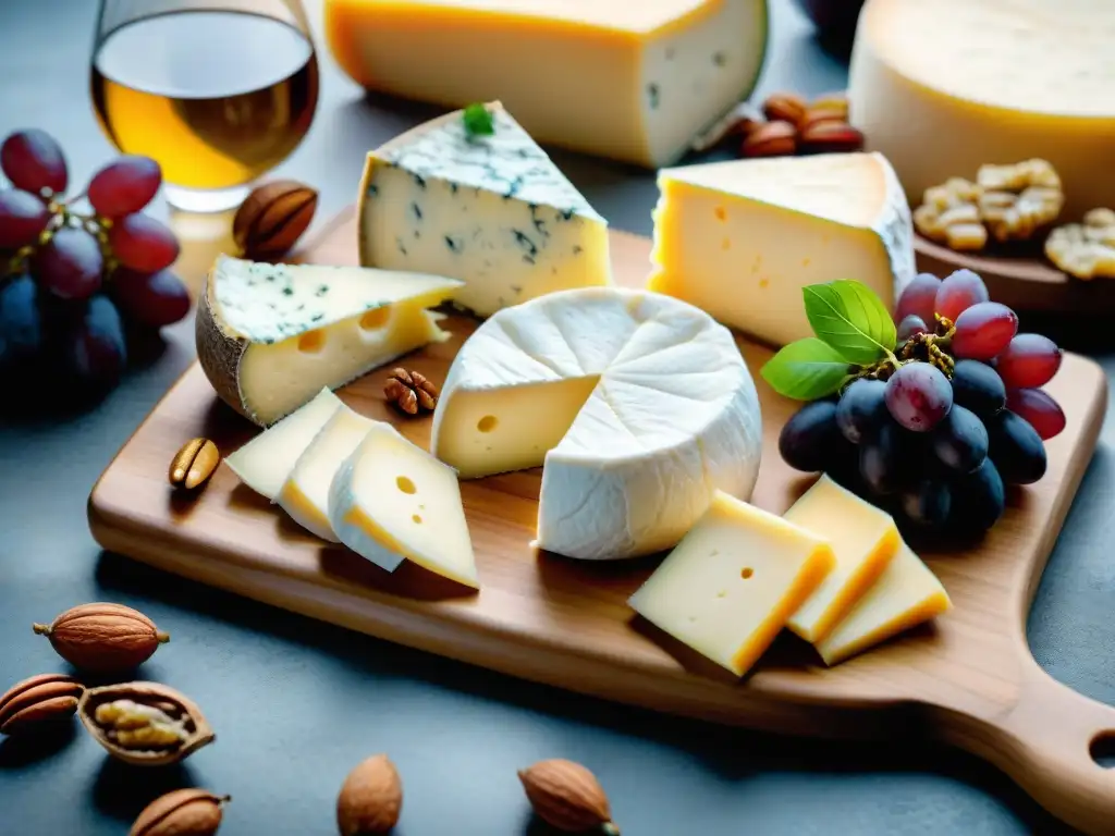 Exquisita selección de quesos italianos en tabla de madera Degustación privada de quesos italianos en tabla de madera con burrata, pecorino, gorgonzola y Parmigiano Reggiano, uvas, higos y nueces