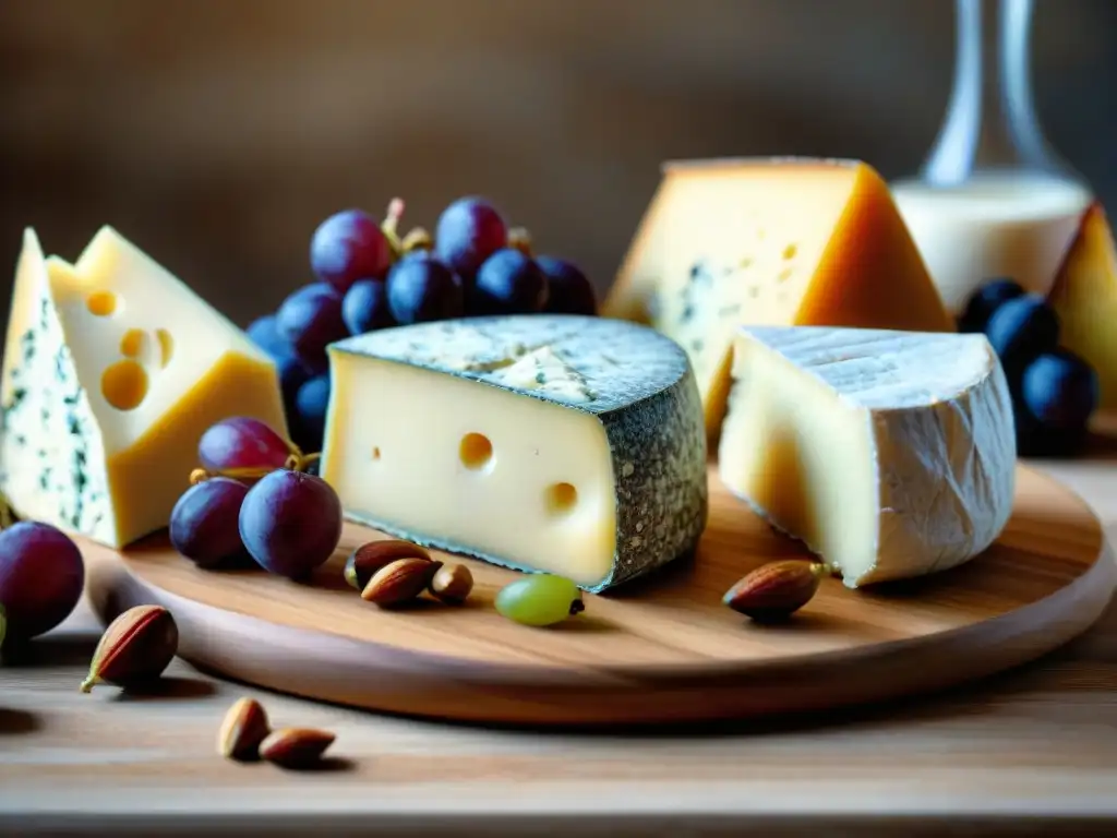 Sabores y texturas: Degusta la artesanía de quesos italianos Degustación privada de quesos italianos: variedad de texturas, colores y formas en una tabla rústica, con uvas, higos y nueces