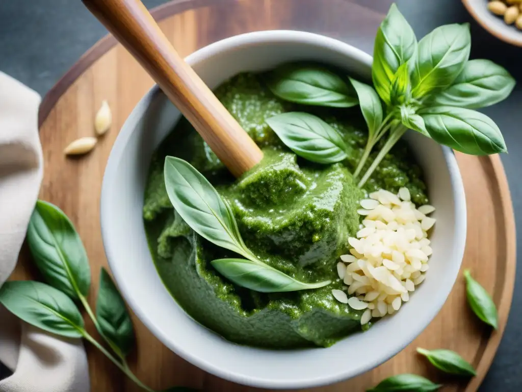 El proceso artesanal de preparar pesto genovés italiano en un mortero de mármol y majador de madera, resalta la esencia culinaria