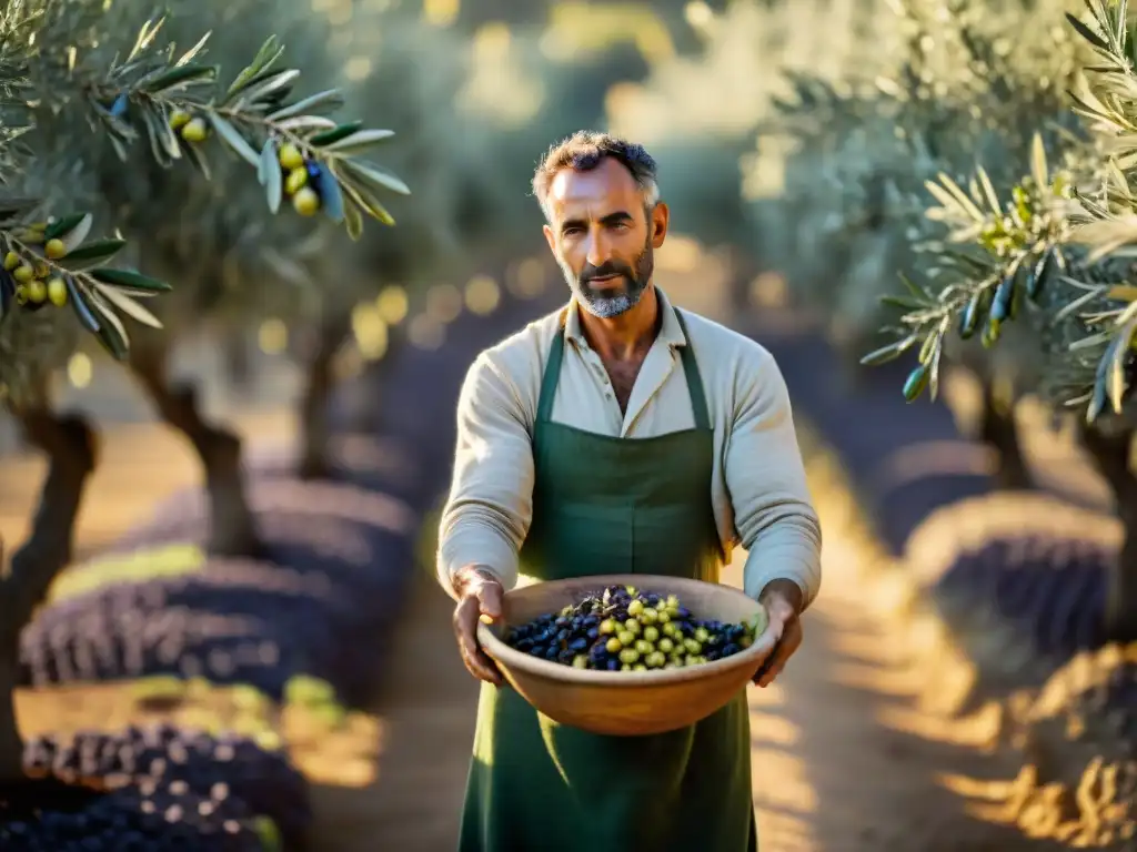 Proceso de elaboración del aceite de oliva: recolección artesanal de aceitunas bajo el cálido sol mediterráneo