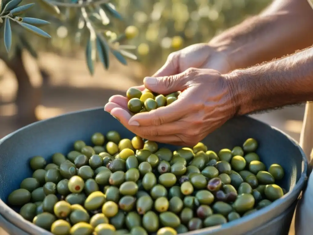 Proceso de elaboración del aceite de oliva: Recolecta artesanal de aceitunas verdes bajo el cálido sol mediterráneo