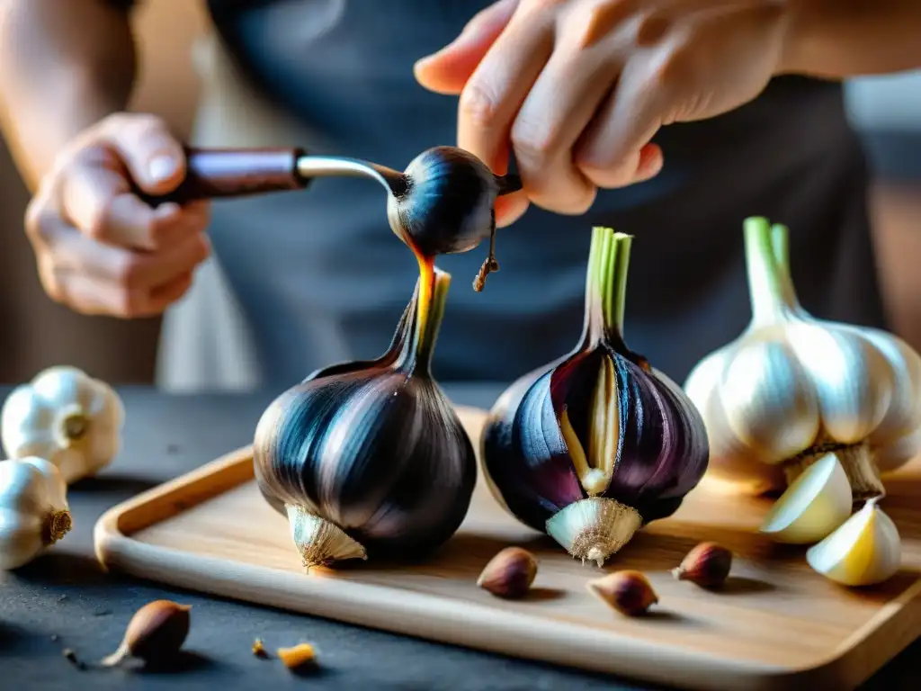 Proceso de fermentación de ajo negro en cocina italiana, detalle de bulbos de ajo caramelizándose en tonos ébano