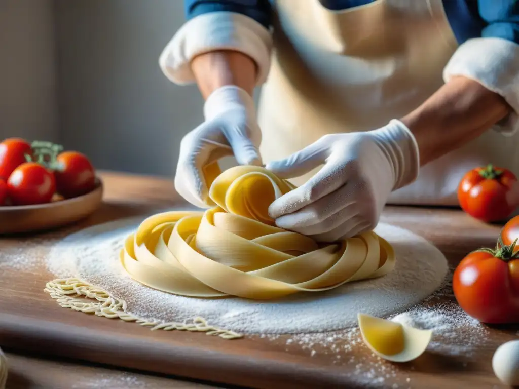 Proceso de preparación de pasta artesanal italiana paso a paso, manos expertas moldeando masa fresca en una superficie de madera enharinada